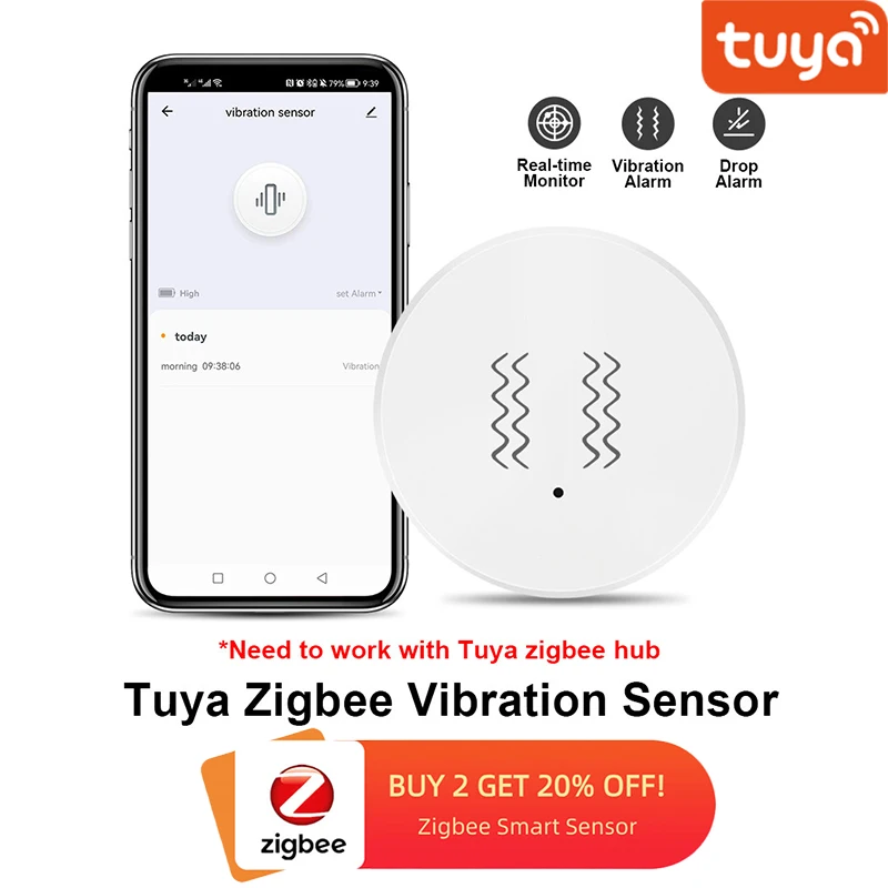 Tuya Zigbee Vibration Sensor Wireless Motion Detector การตรวจสอบสัญญาณเตือนแบบเรียลไทม์พร้อม APP Control การแจ้งเตือนการสั่นสะเทือน 1