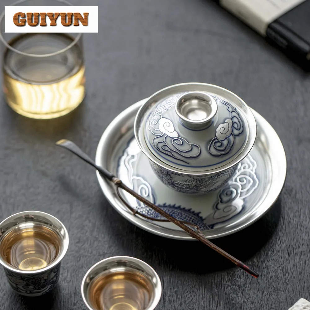 150ml Chinese Zen Dragon Gaiwan Handmade Gilded Silver Tea Bowl Tea Tureen Household Brewing Cover Bowl Cha Items Gift