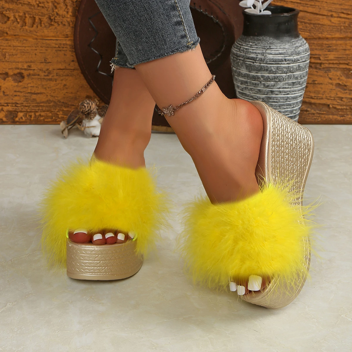 Aphixta Colorful Furry Wedge Slides 9cm Super High Heels Platform Woman Outside Slippers Soft Faux Fur Purple Summer Wedge Shoes