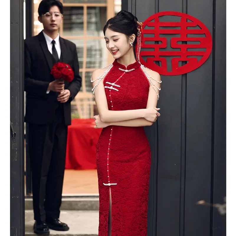 

Sexy Cheongsam Toast Clothing Summer Small Engagement Dress Wine Red Lace Chinese Style Young Slim Women Qipao Wedding Dress