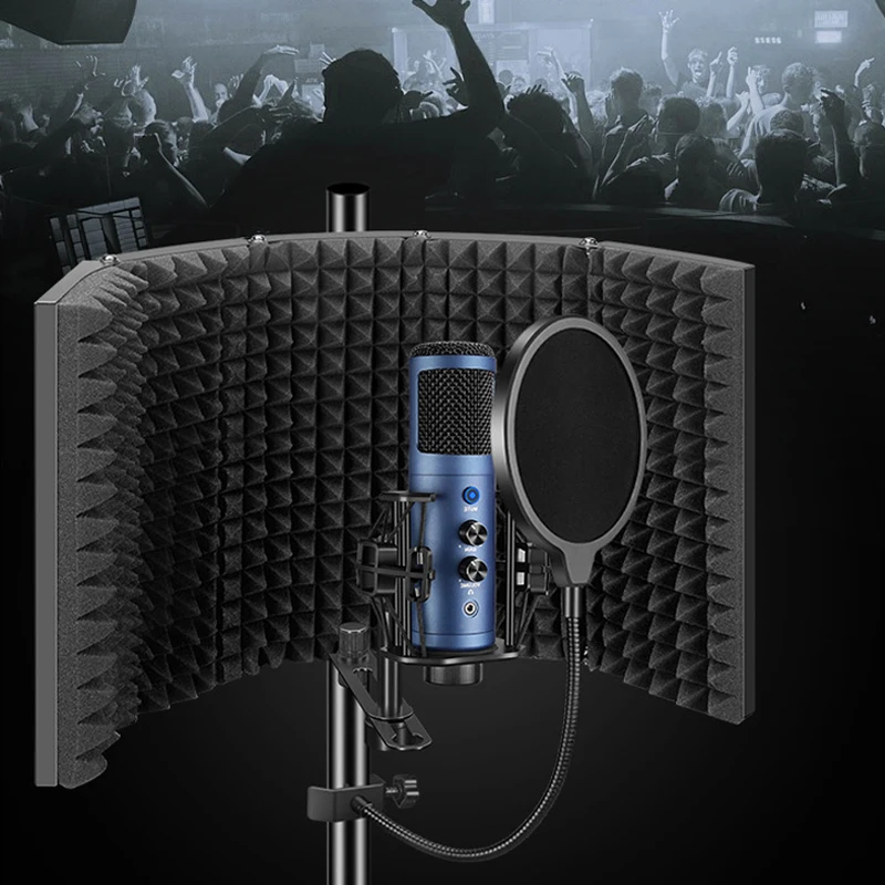Professional Studio Microphone Isolation Shield with 3/5 Panel AdjustableReflectionFilter-High-DensityFoamPyramidDesign