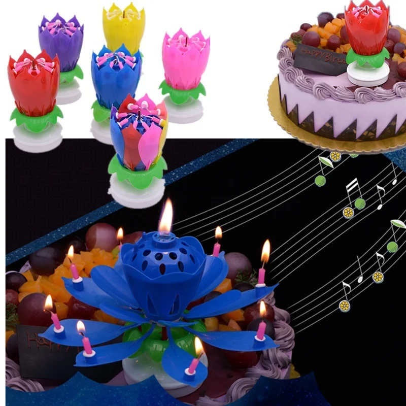 Rotating Happy Birthday Party Candle Singing Double Layer Musical Lotus Flower Cake Light Lamp Decoration |