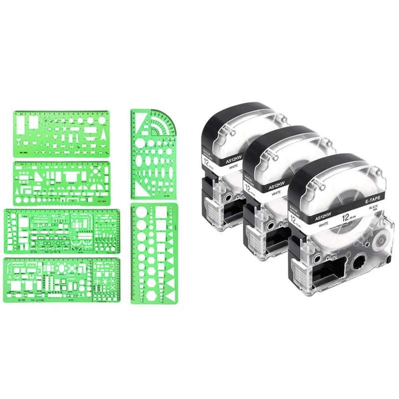 

3Pcs 12Mm Label Maker Tape Label Maker For Epson/Kingjim Printer With 6Pcs Measuring Templates For Office And School