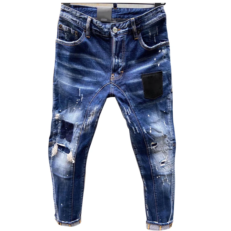 Chareiharper t121 raggy paint-spruced Stretch jeans for men Skinny blue panhandle pants 2