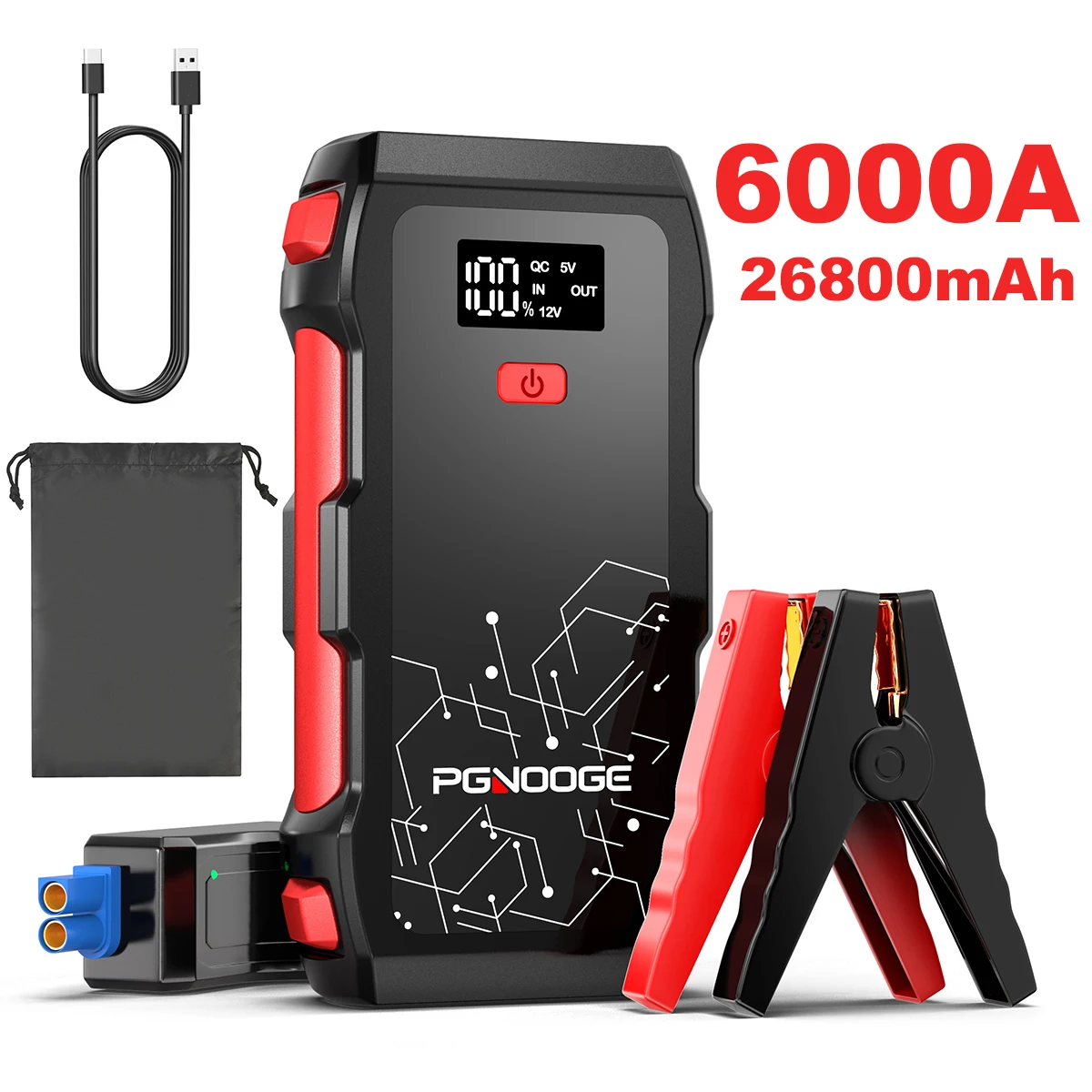 PGNOOGE 6000A di Picco Avviatore Batteria Auto, 26800mAh Avviatore ad Alta Capacità per Tutti i Motori a Benzina e Diesel Fino a 10L, Kit di Emergenza Portatile per Viaggi Stradali