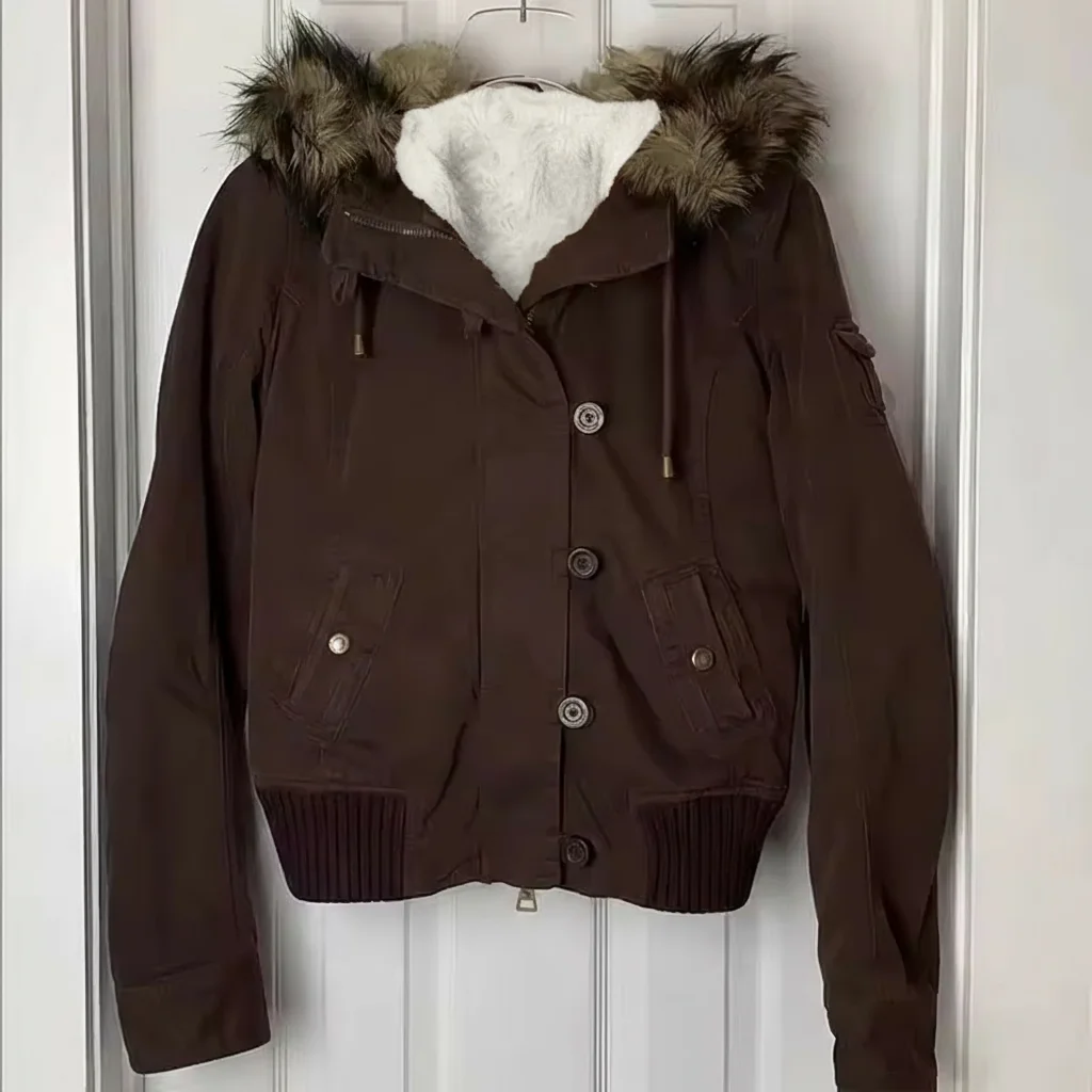 Veste chaude doublée de fourrure gothique américaine Vintage Y2K pour femme, manteau à capuche marron avec fermeture éclair, manteaux chauds décontractés pour l'automne et l'hiver