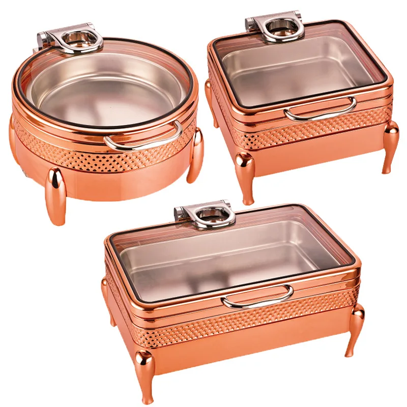 

Brass Metal rectangle Round rose Gold silver luxury crown restaurant equipment chaffing dish food warmer glass lid hammered