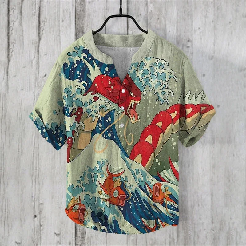 2024 Summer Man Small V-Neck Japanese Art Cat Art Print Shirt men's casual Retro shirts Stylish and comfortable top 3