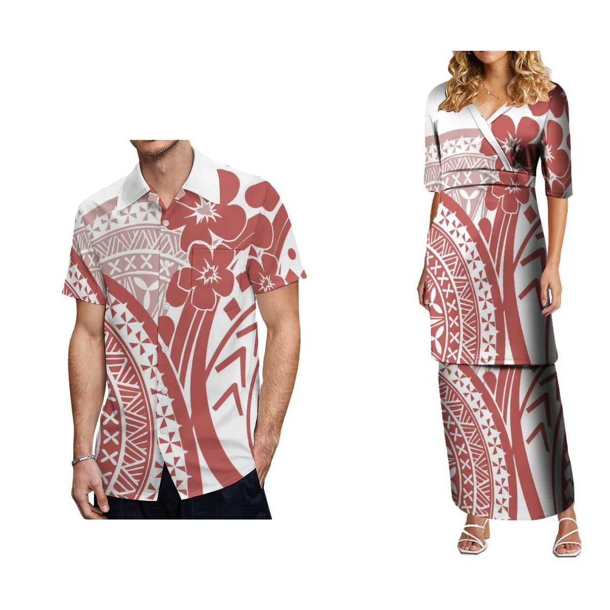 

Printing V Neck Samoan Puletasi Custom Half Sleeve Long Maxi Two Piece Skirt Set Polynesian Dress