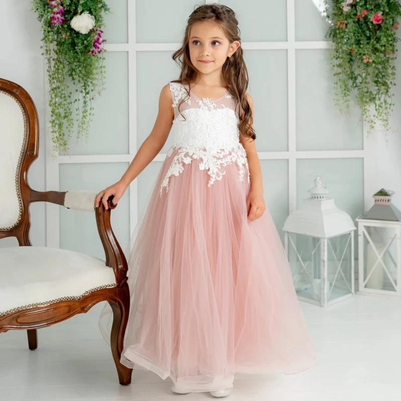 

Flower Girl Dresses Dusty Pink Tulle Puffy White Appliques Sleeveless For Wedding Birthday Party Banquet First Communion Gowns