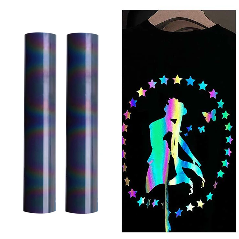 

Rainbow Reflective HTV Vinyl 2 Rolls Heat Transfer Decor Film For T Shirts 25cm width 100cm Length Easy Cut To Weed Hot Press