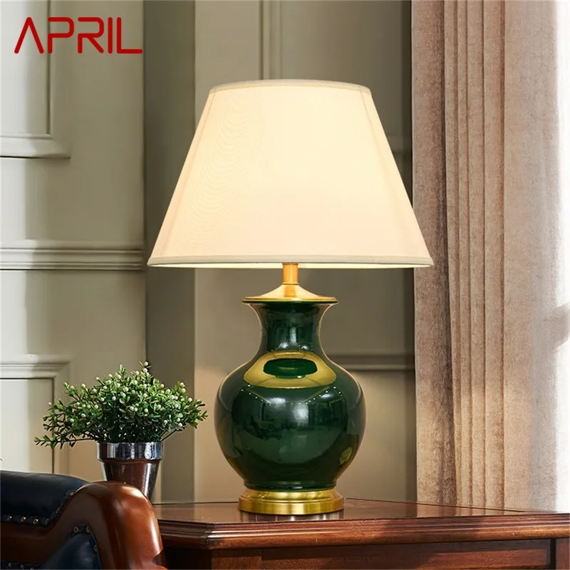 

APRIL Ceramic Table Lamps Green Luxury Brass Desk Light Fabric for Home Living Room Dining Room Bedroom Office