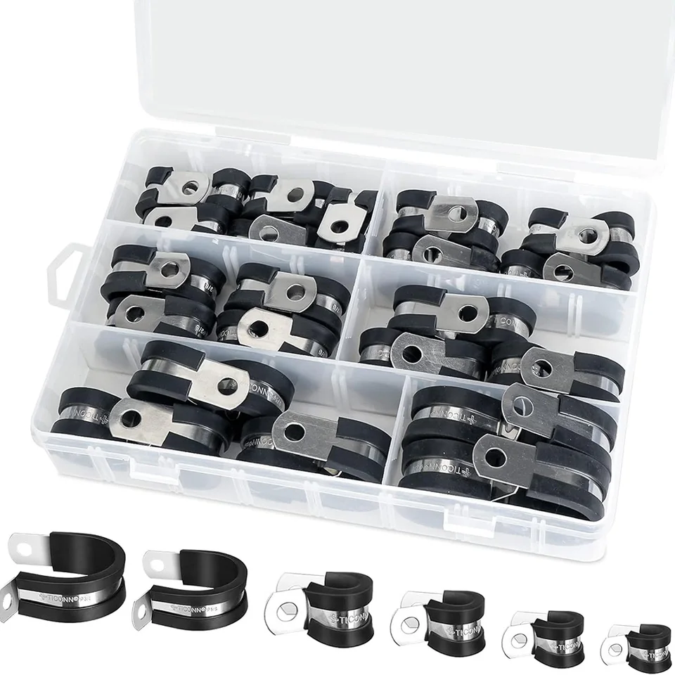 50-Piece Cable Clamps Assortment Kit - Stainless Steel Rubber Cushioned Pipe Clamps 1/4" To 3/4" Sizes