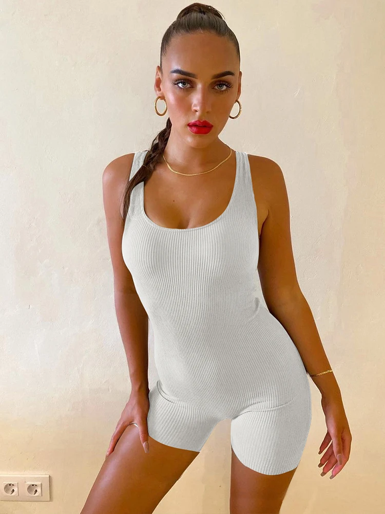 Fashion Solid Color Jumpsuit Short 2023 Summer Women's Clothing U Neck Slim Fit Sexy Backless Tights Elegant Sleeveless Jumpsuit