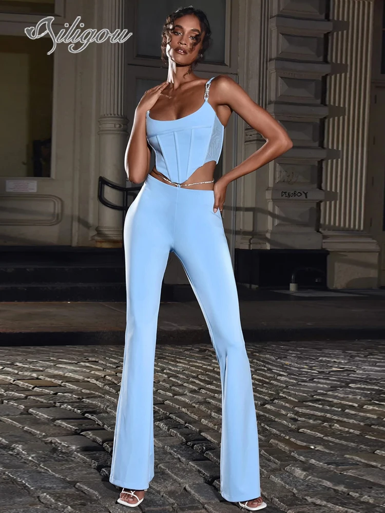 

Ailigou 2022 New High Quality Women Blue Diamond Chain Sexy Tight Two Piece Bodycon Rayon Bandage Set Party Sexy Fashion Set