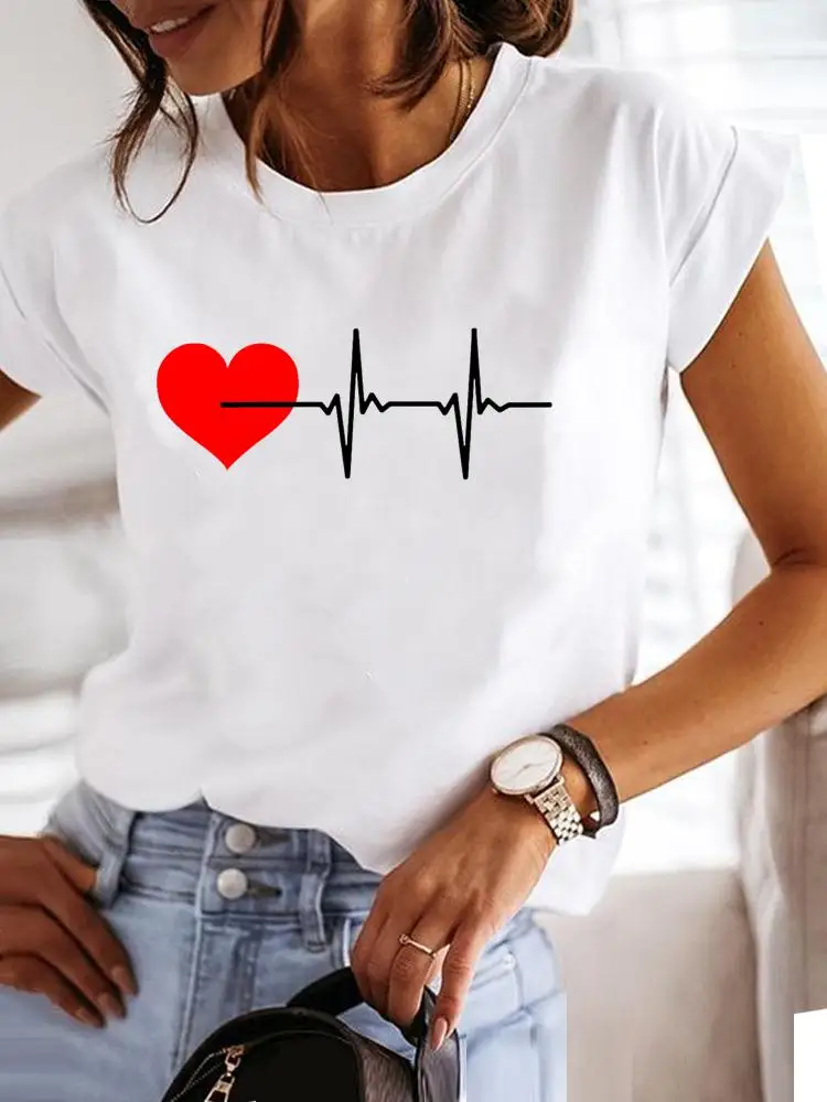

Short Sleeve Heartbeat Love Style Cute Print T Shirt Clothing Tee Women Graphic T-shirt Summer Clothes Fashion Female Top