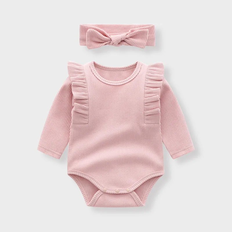 Spring Newborn Infant Baby Girls Romper + Headband Muslin Ruffle Long Sleeve Rompers Kids Onepiece Cotton Baby Clothing Garment