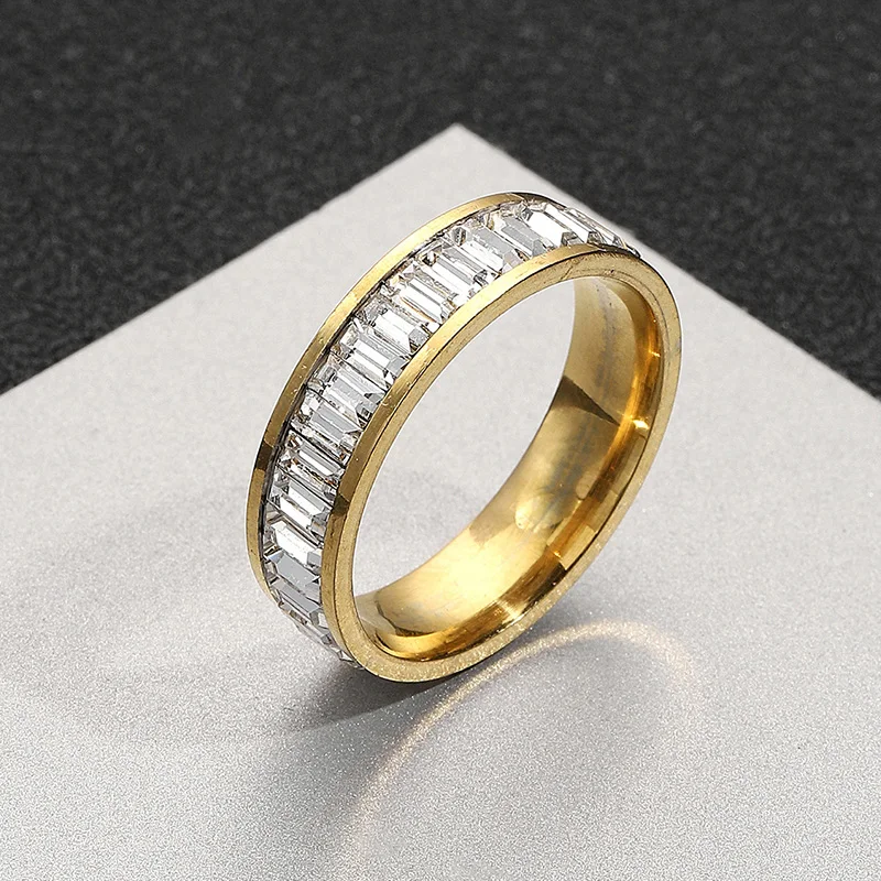 New Fashion Stainless Steel Full Ring Inlaid Rectangular Zirconia Couple Proposal Ring Women Charm Jewelry Accessories Wholesale custom name watch ring for women stainless steel customized letter band bar charm decorative ring loop for apple watch jewelry