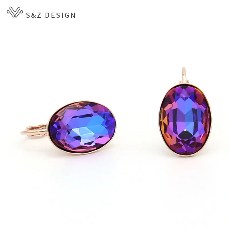 S&Z DESIGN New Trendy Elegant Big Oval Egg Shape Crystal Dangle Earrings For Women Wedding 585 Rose Gold Color Jewelry