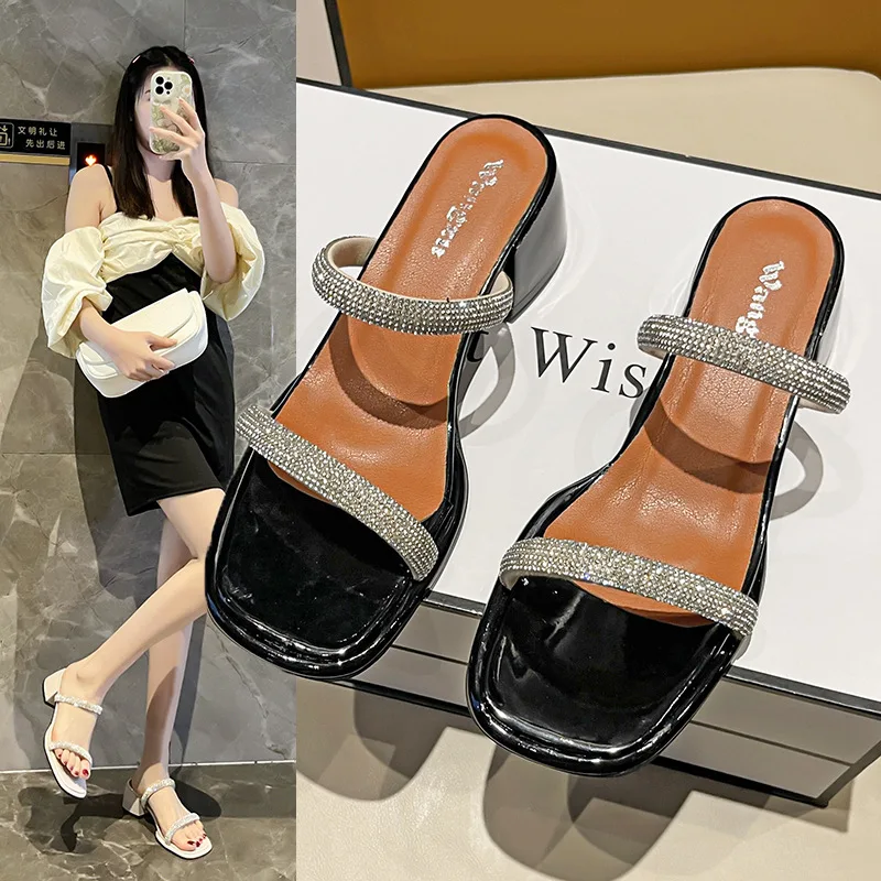 

Summer Square Toe Rhinestone Strap Hollow Women's Slippers Sandals Thick High Heels Solid Color Slip on Slides Shoes for Women