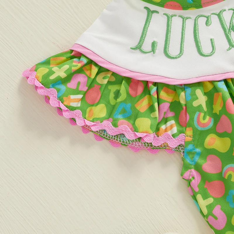 Newborn Infant Baby Girl Bubble Romper Lucky Charm Ruffle Sleeveless Cartoon Smocked Jumpsuit My First St Patricks Day Outfit 5