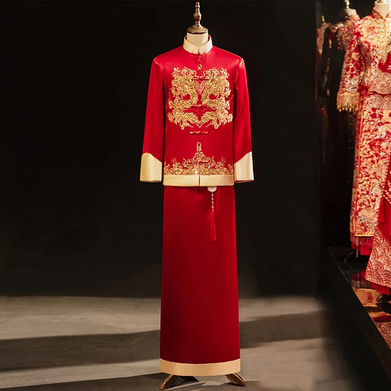 

Chinese Traditional Groom Men's Clothes Wedding Suits Tang Suit Dragon Embroidery Red Long Sleeved Hanfu