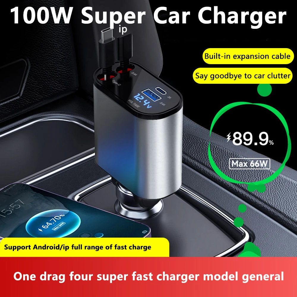 

100W 4 in 1 Retractable Car Charger USB Type C Cable For IPhone Samsung Fast Charge Cord Cigarette Lighter Adapter