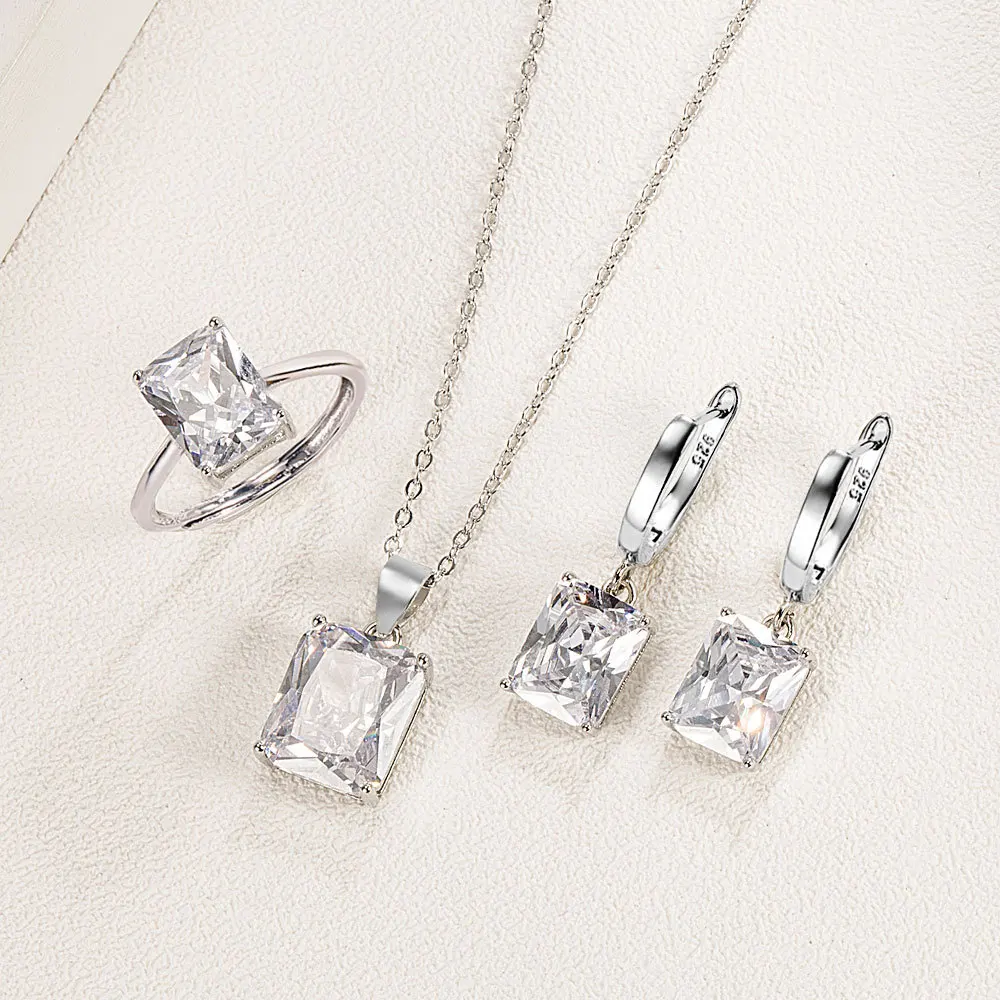 Blue Square Zircon Pendant Necklace Earrings Ring Jewelry Sets for Women Romantic Fashion Wedding Jewelry Sets Gifts