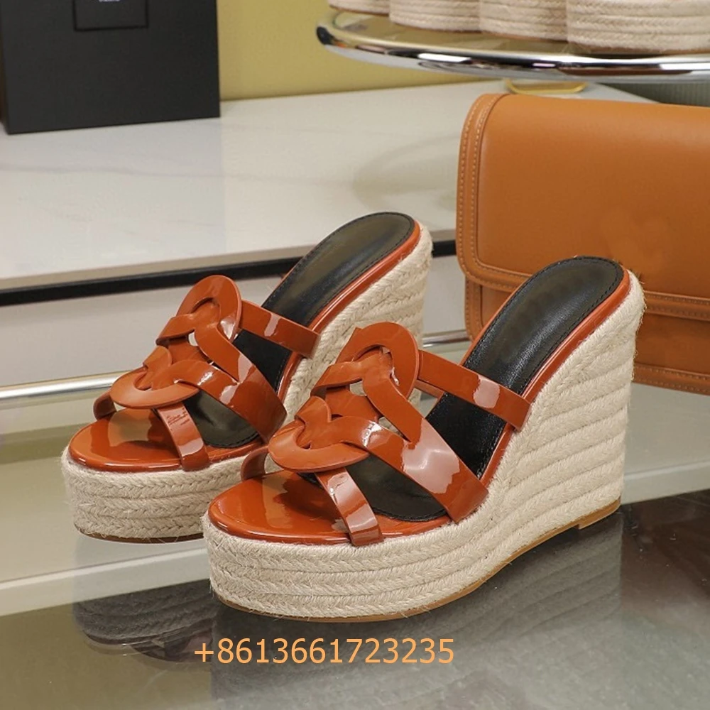 

2024 Summer Newest Slides Corss Strap Patent Leather Platform Women Sandals Wedges Espadrilles Slip On Fashion Heels Open Toe