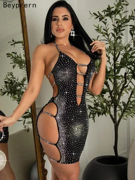 Beyprern 여성용 시크 블랙 사다리 컷 아웃 크리스탈 미니 드레스, 스파게티 스트랩, 스팽글 나이트 드레스, 생일 의상, 여름 신상