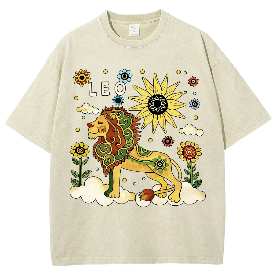 

Constellation Y2K Washed Tshirt, Leo Cartoon Lion Starry SkyC2, Oversized Streetwear Vintage Washed Short T-shirts For Men Women