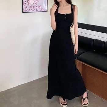 Black Spaghetti Strap Style Long Maxi Dress for Women