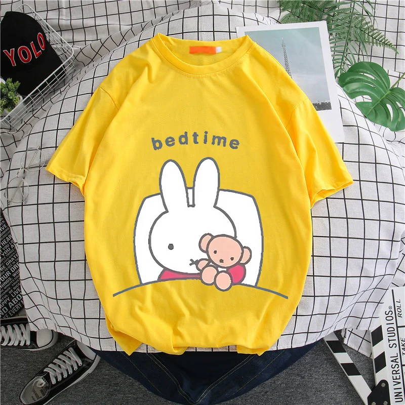 Miffy Kawaii Cartoon Print Candy Color Cotton T-Shirt – Adults Casual Summer Short Sleeve Fashion Top Gift