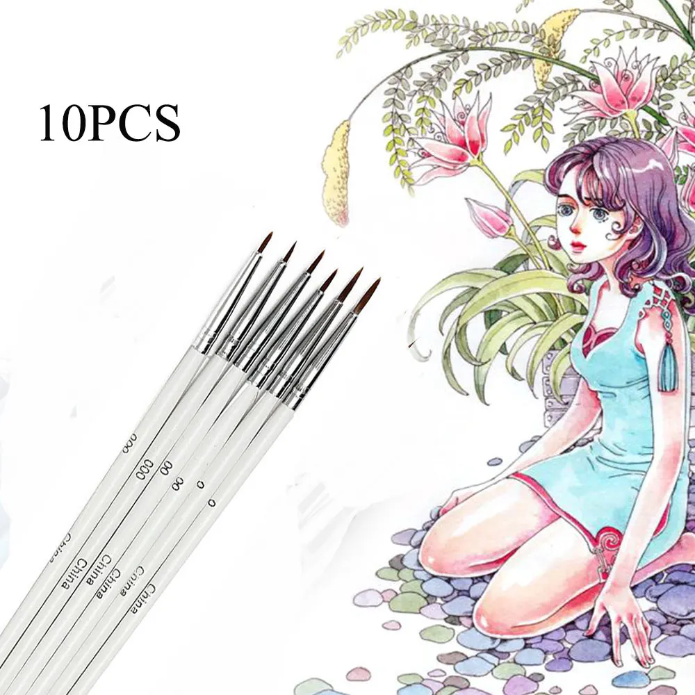 Point Tip Nylon Fiber Line Drawing Pen Artist Paint Brush Thin Hook Watercolor Brush Wooden Handle Painting Tools 10PCS painting brushes
