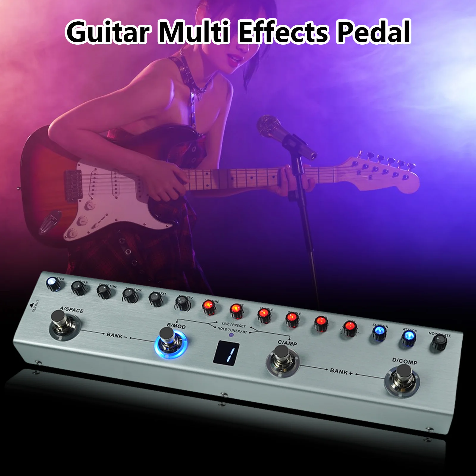 

Bass Multi Effects Pedal 3Band Equalizers XLR Balanced Output 3 Delays 3 Reverbs Effects Pedal BT Connection Type-C Rechargeable