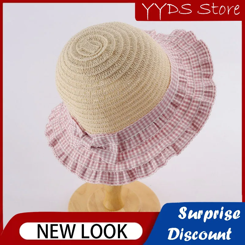 Children's Straw Woven Sun Hat Ins Bow Decoration Sunscreen Hat Kindergarten Small Plaid Wavy Edge Stitching Fisherman Straw Hat