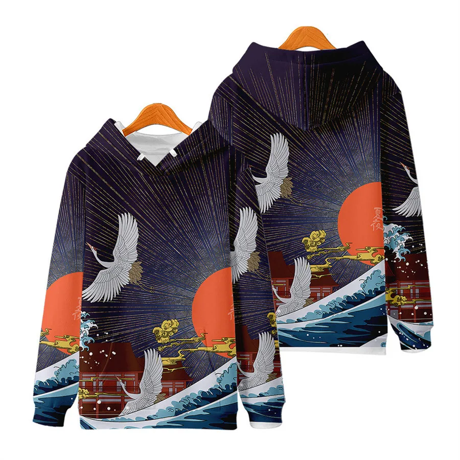 Men Hip Hop Hoodies Sweatshirt Crane Print Harajuku Streetwear Hoodie Fleece 2022 Autumn Hooded jacket coat Pullover Oversized