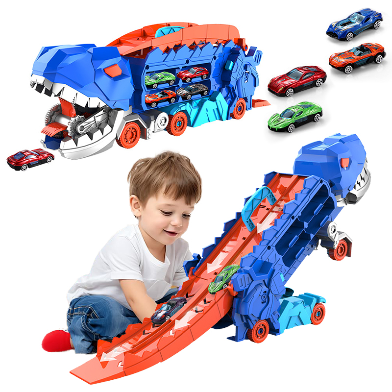 Kid Transport Dinosaur Hauler Track Toy Foldable Sliding Race Track Transforms Four Alloy Buggies into Standing Tyrannosaurus