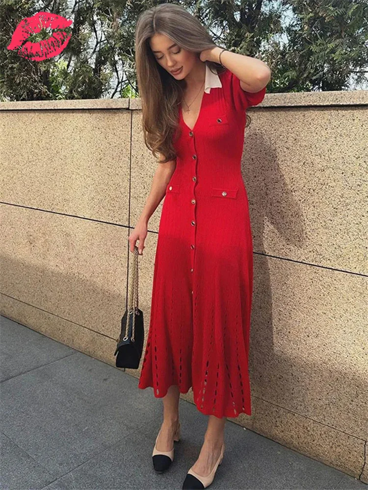 V-Neck Knit Contrast Long Dress Women Hollow Out Lapel Fashion High Waist Elegant Party Dress Knitwear Ladies Maxi Dress