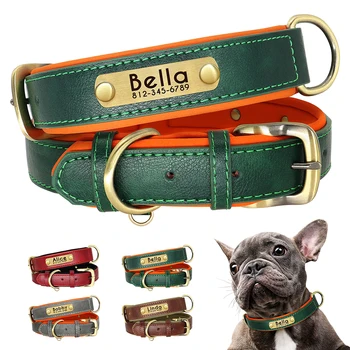 Customized PU Leather Nameplate Dog Collar Soft Padded Dogs Collars Free Engraving Name for Small Medium Large Dogs Adjustable 1