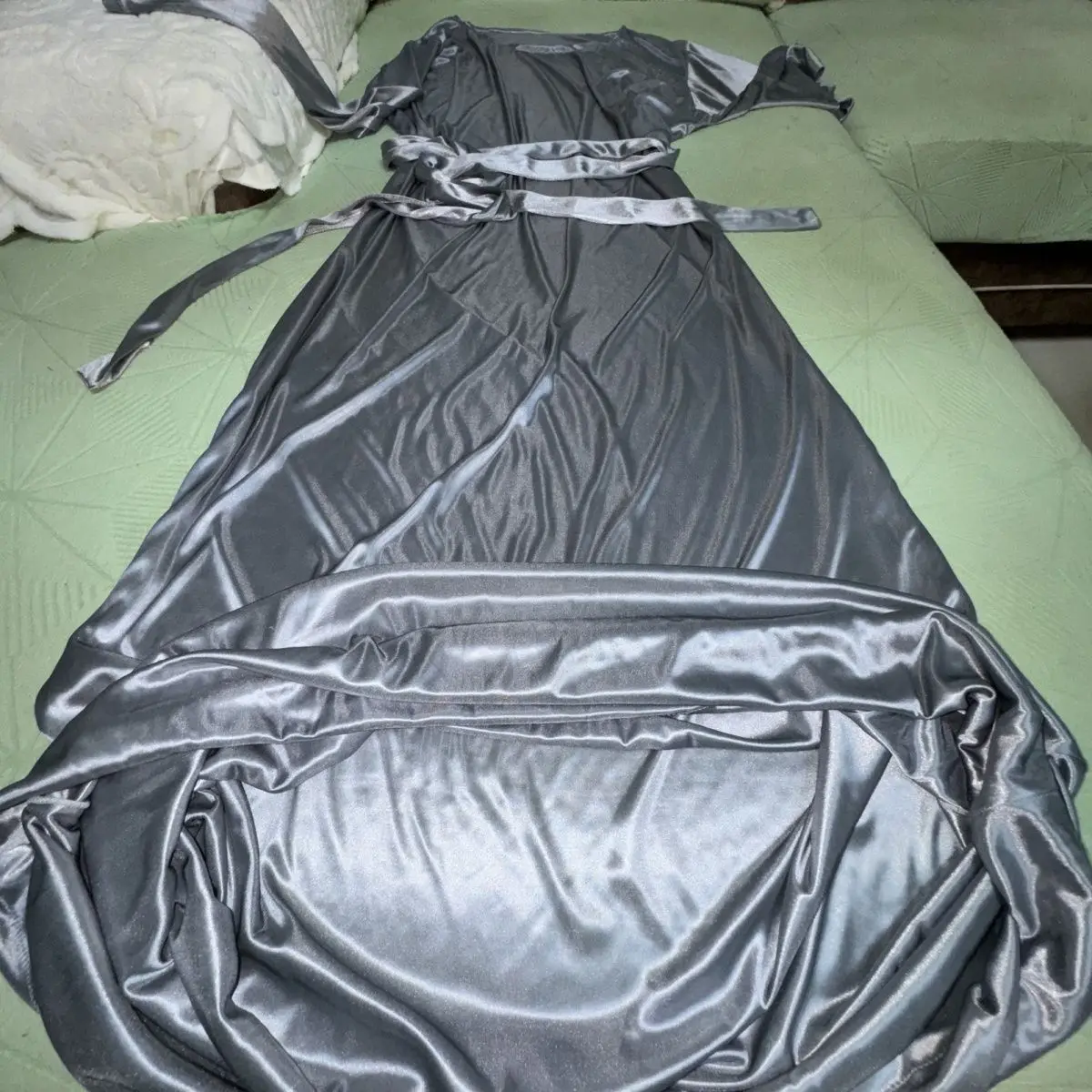 Glossy Sexy Women Satin Long Dress Long Sleeve Loose Night Dress Plus Size Sleeping Robe