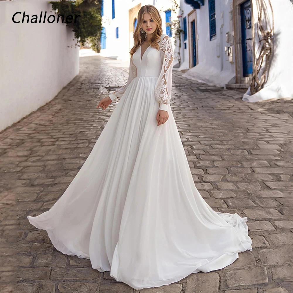 

Challoner Modern Long Sleeves Wedding Dress Appliques Lace Up Back Floor Length A-Line Chiffon Bridal Gown Vestidos De Noiva New