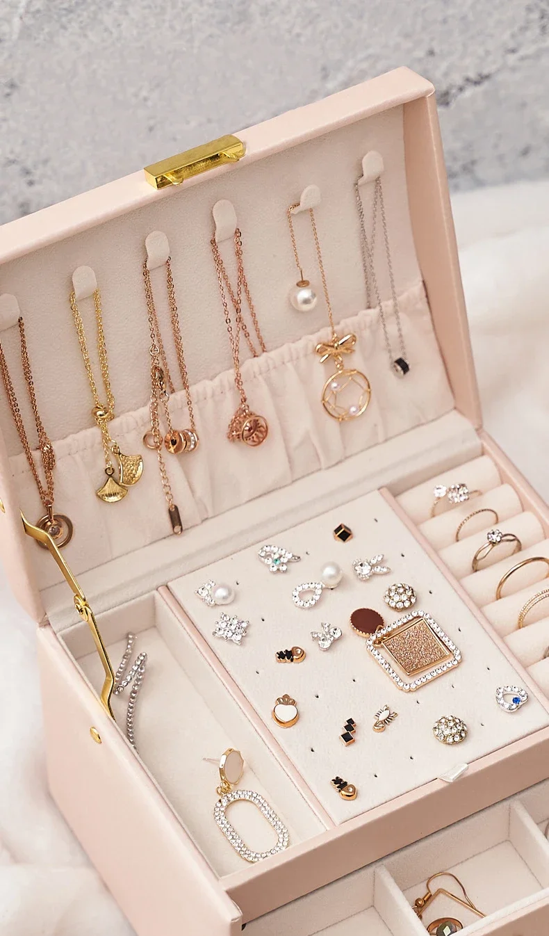 1 Three-layer Large Capacity Beaded Pearl Necklace Bracelet Ring Box Necklace Box Watch Storage Box Jewelry Earrings Box 01