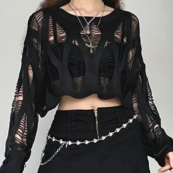 Women Hole Hollow Out Y2K T-shirts Batwing Sleeve Knitted Shirt for Women Punk Loose Streetwear Tops Spring Autumn 2026 1
