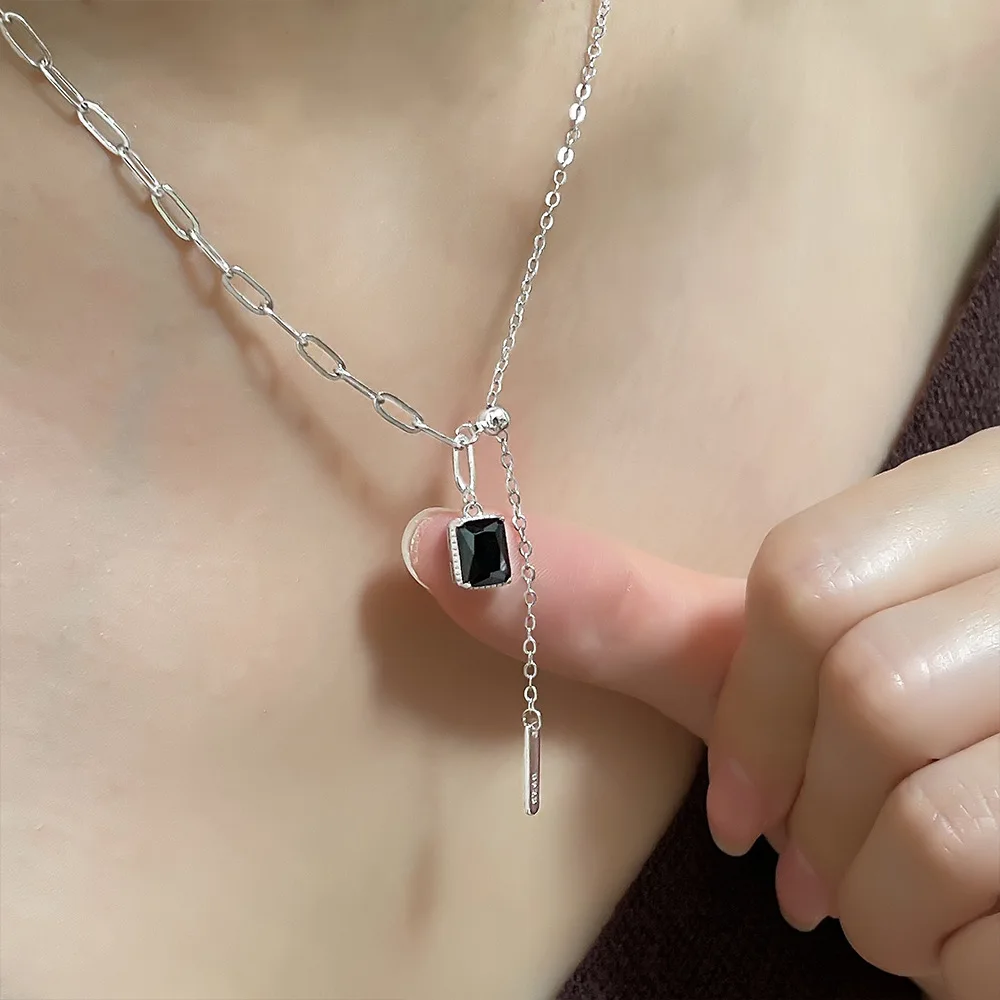 Женская серебряная подвеска VENTFILLE, отличный подарок для девушек, черная квадратная цепочка с кристаллами, настраиваемая детская кисточка, ювелирные изделия, оптовая продажа