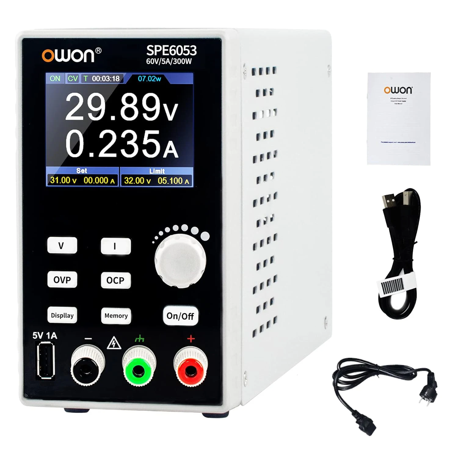 OWON 프로그래밍 가능 DC 전원 공급 장치, SPE6053 공급 300W 60V 5A 2.8인치 LCD 10mV/1mA, 해상도, 디지털 전압, 레귤레이터 스위치