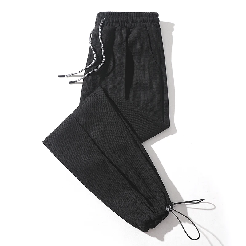 2024 New Korean Autumn Solid Men's Waffler Elastic Waist Drawstring Pocket Bound Feet Fashion Versatile Casual Loose Sweatpants