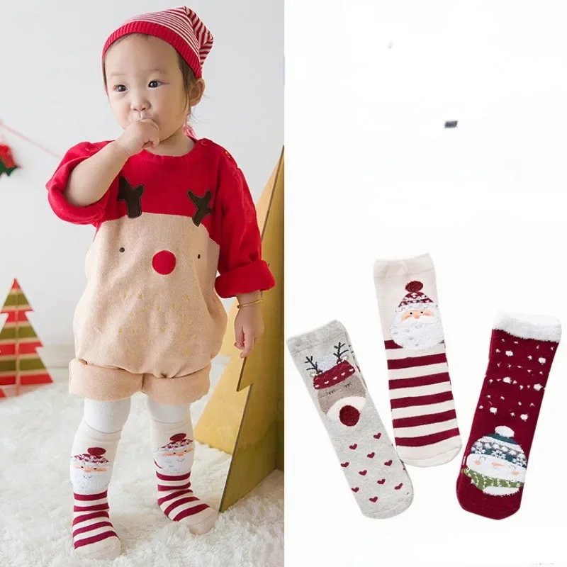 

3 Pairs New Baby Kids Christmas Stockings Socks Mid-calf Length Boys Girls Cartoon Santa Snowman Trees Coral Velvet Winter Sock