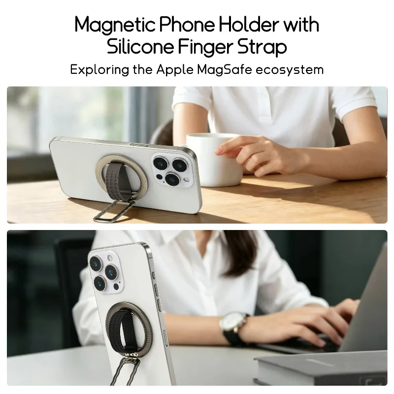 Magnetic Finger Ring Phone Holder with Silicone Strap and Portable Stand