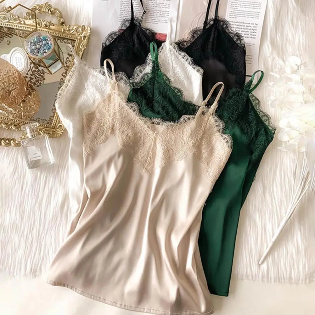 Women Summer Vest Lace Patchwork Backless Spaghetti Strap V Neck Silky Soft Casual Sexy Tank Tops Women Sexy Lace Camisole Top
